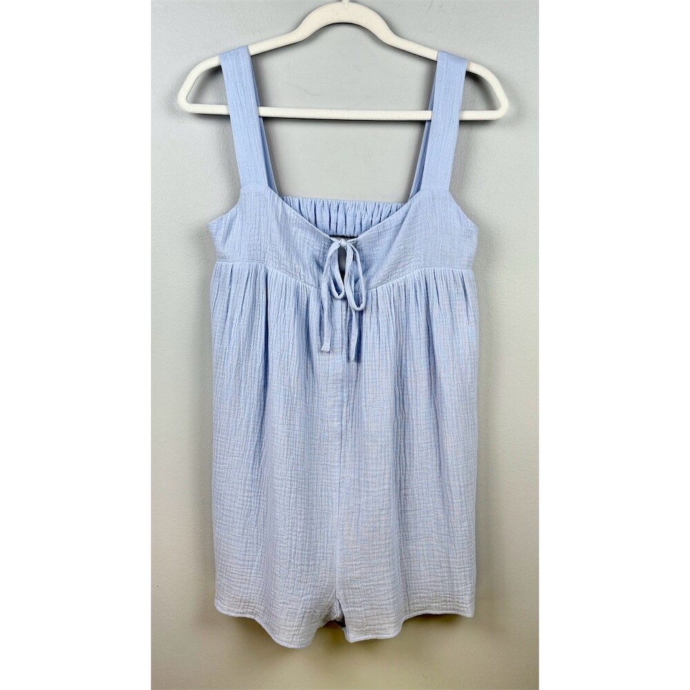 Needii Romper Womens Size M Light Blue Babydoll Tie Front Square Neck